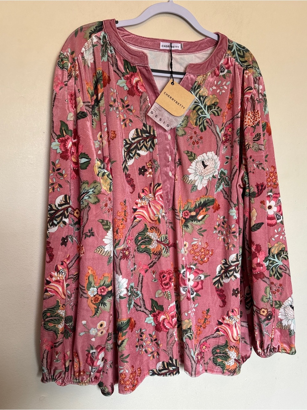 NWT Cherry Betty Boho Blouse Women’s 3XL Pink Velvet Floral Cottagecore Cotton